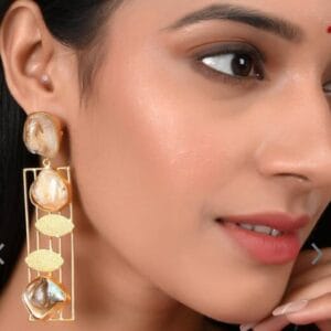 Brass Stone Studded Geometric Drop Earrings