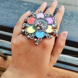 Multicolored Flower Oxidised Ring
