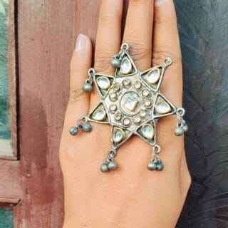 Star Design Kundan Oxidised Adjustable Ring