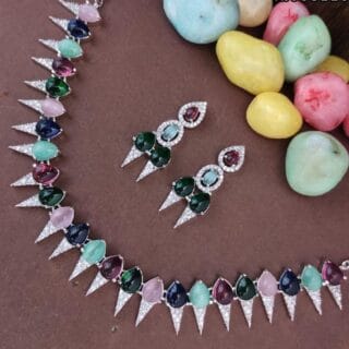 Women Rhodium Plated Cz Multicolored Necklace Set