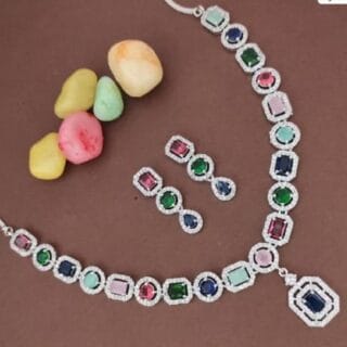 Women Rhodium Plated Cz Multicolored Necklace Set