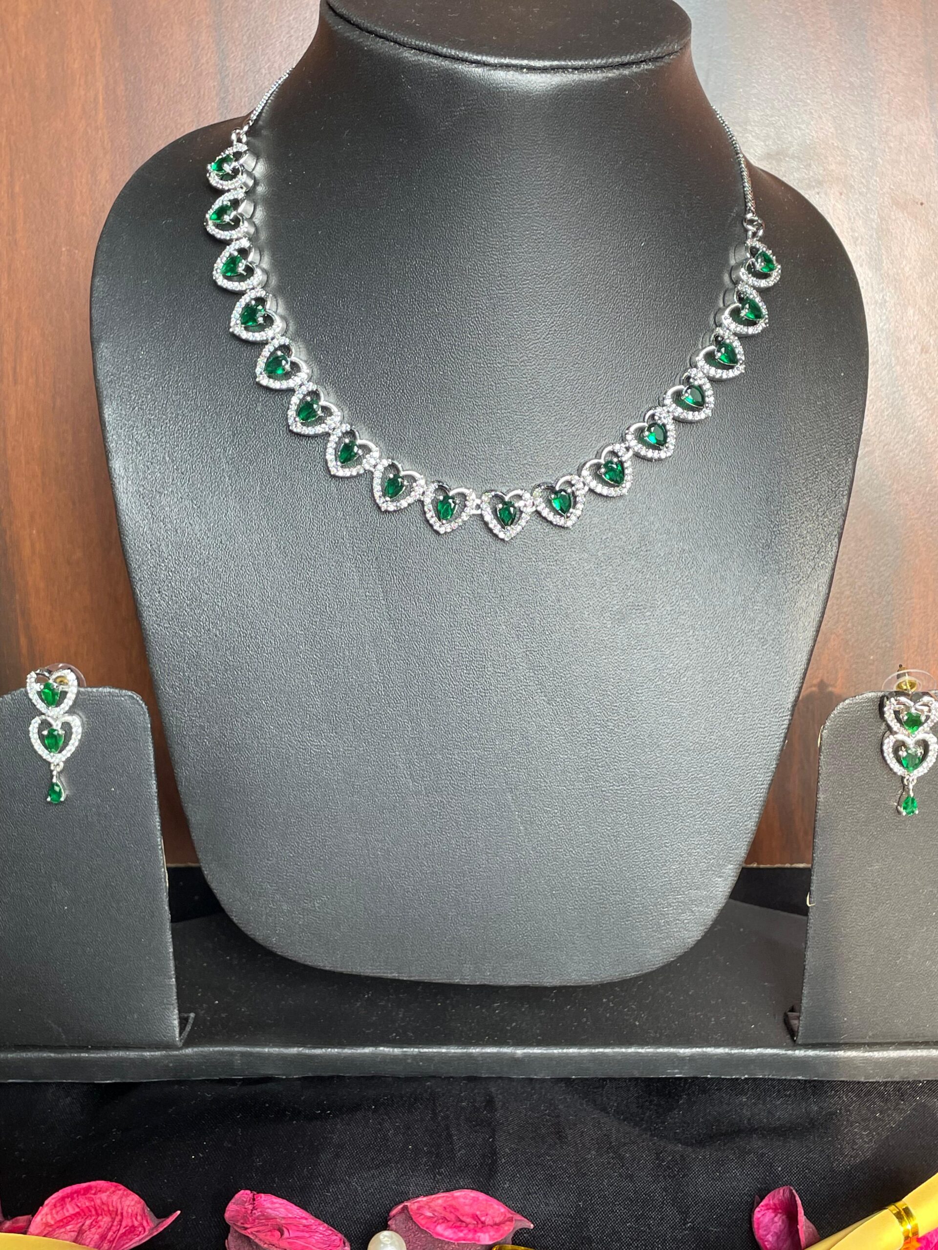 American Diamond Green Heart Shape Necklace Set