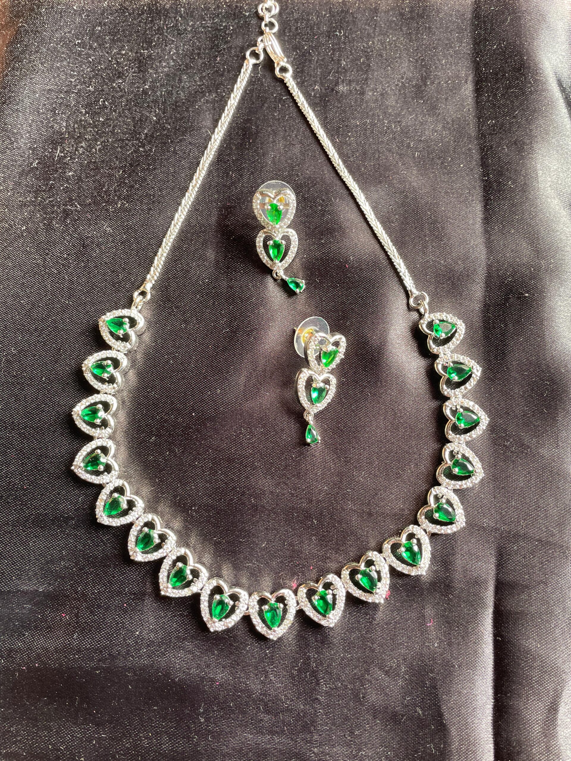 American Diamond Green Heart Shape Necklace Set - Image 4