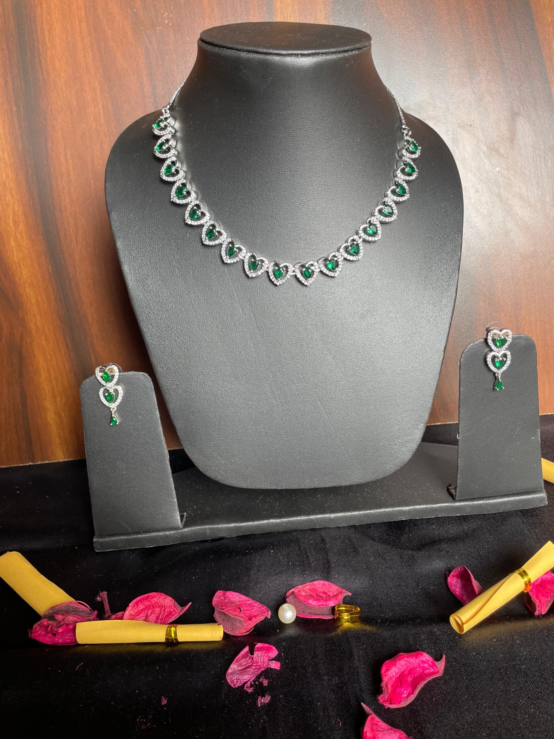 American Diamond Green Heart Shape Necklace Set - Image 2