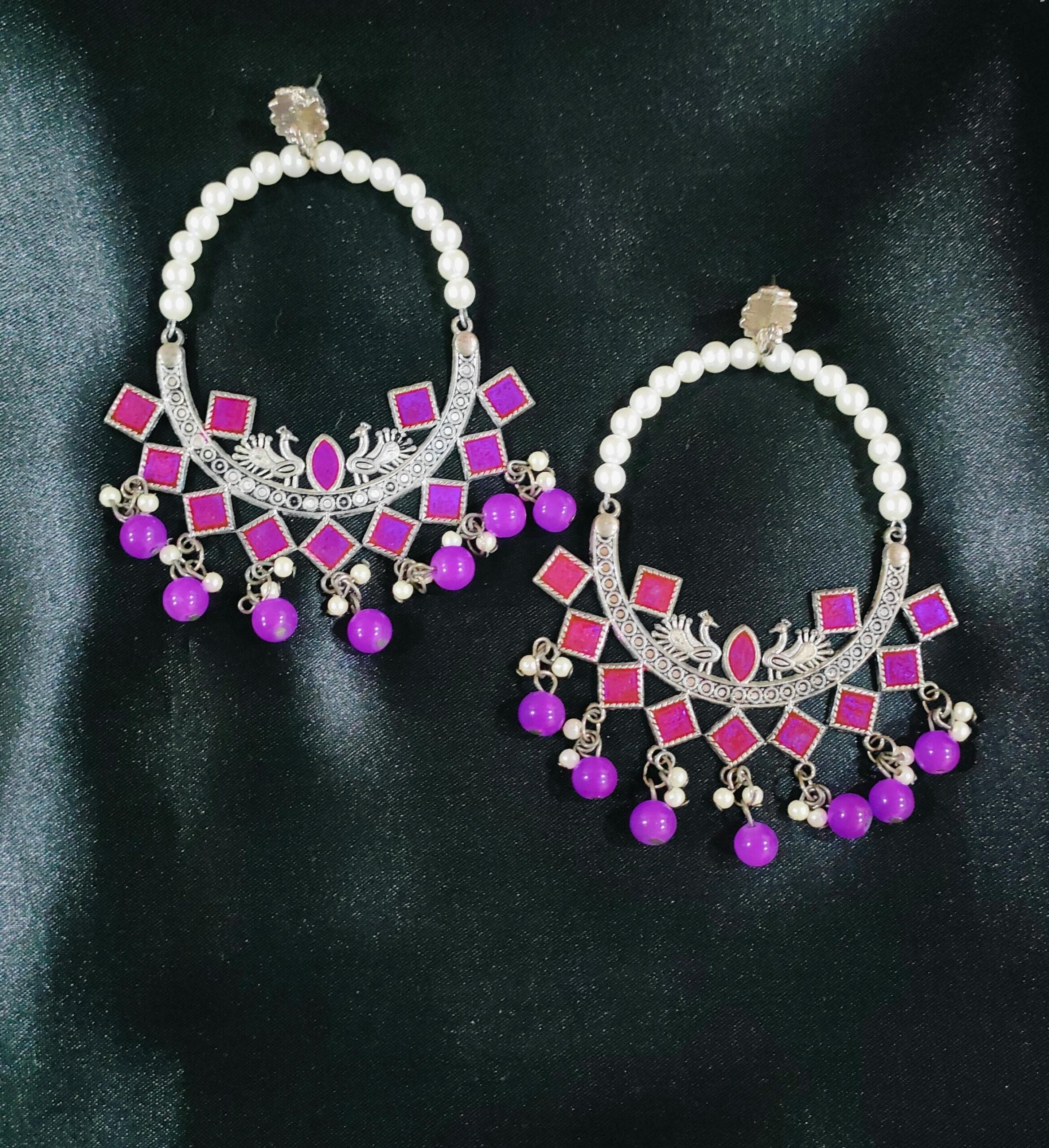 Lilac & White Pearl Oxidised Morni Baliyan