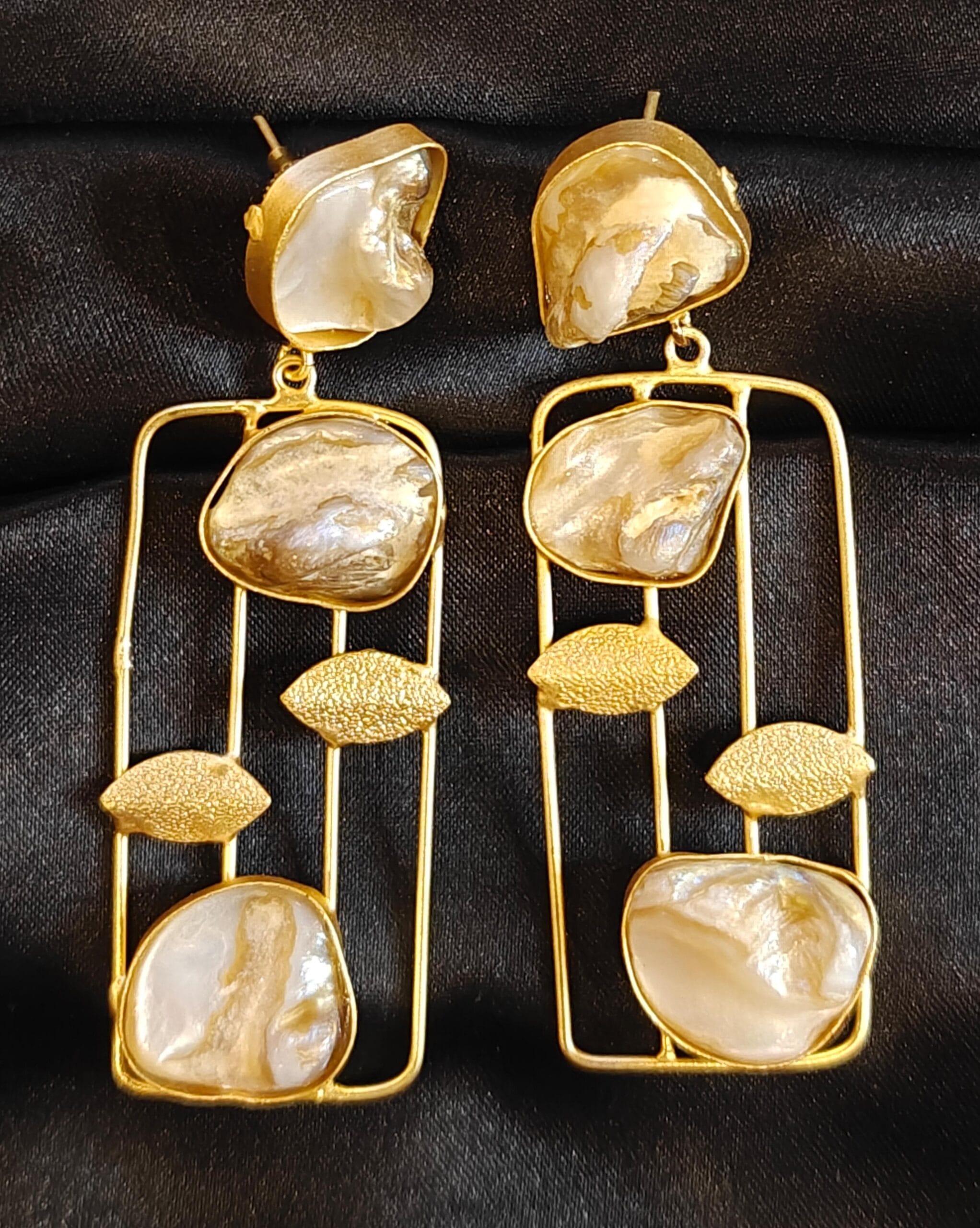 Brass Stone Studded Geometric Drop Earrings - Image 3
