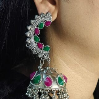 Rani Pink Green Jhumka Earrings