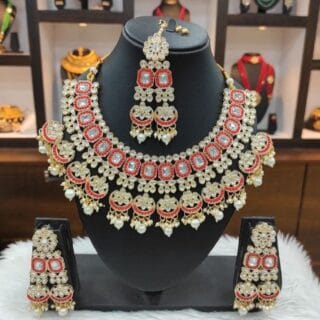 Elegant Red Semi Bridal Kundan Necklace Set