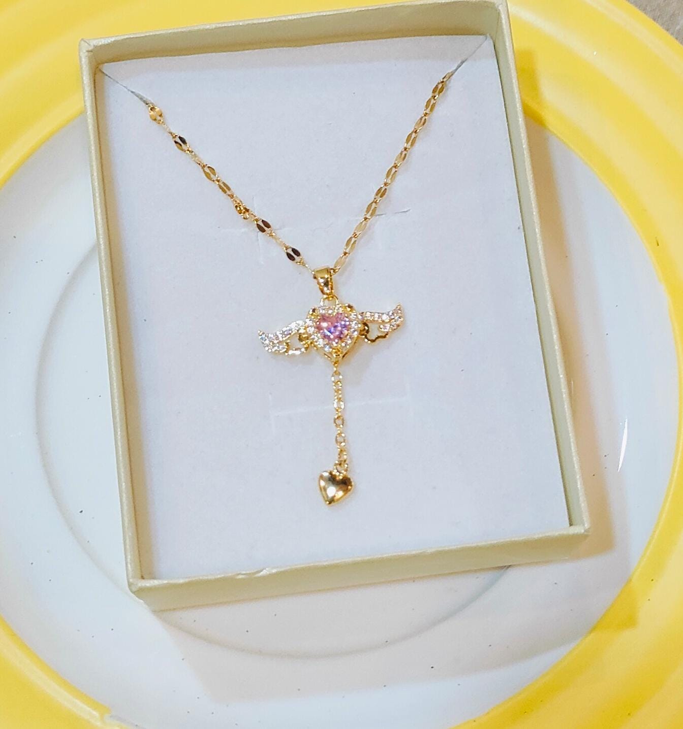 Demi Fine Pink Golden Heart Angel Pendant Chain