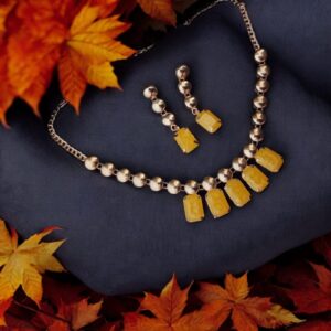 Yellow -Golden Necklace Set With Pair Earrings
