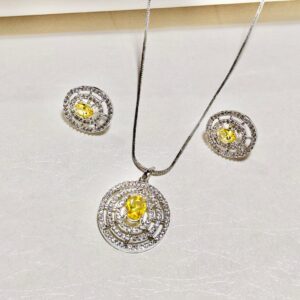 Yellow Pendant Chain Set With Pair Of Earrings