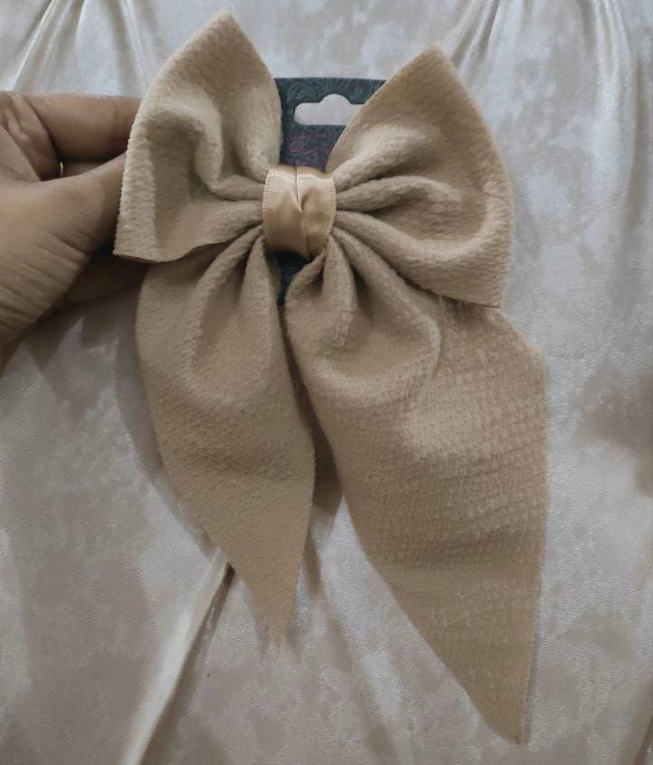 Beigh Big Satin Hair Bow Long Tail Clip