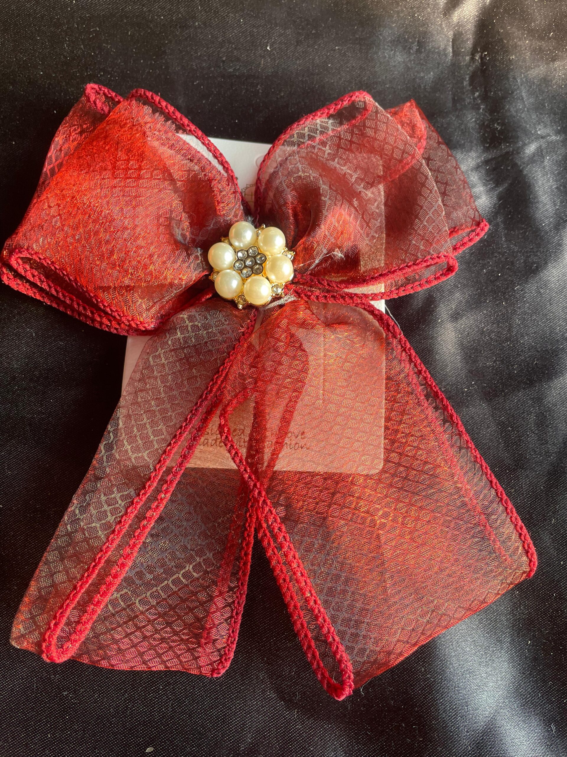 Red Pearl Net Hair Bow Clip