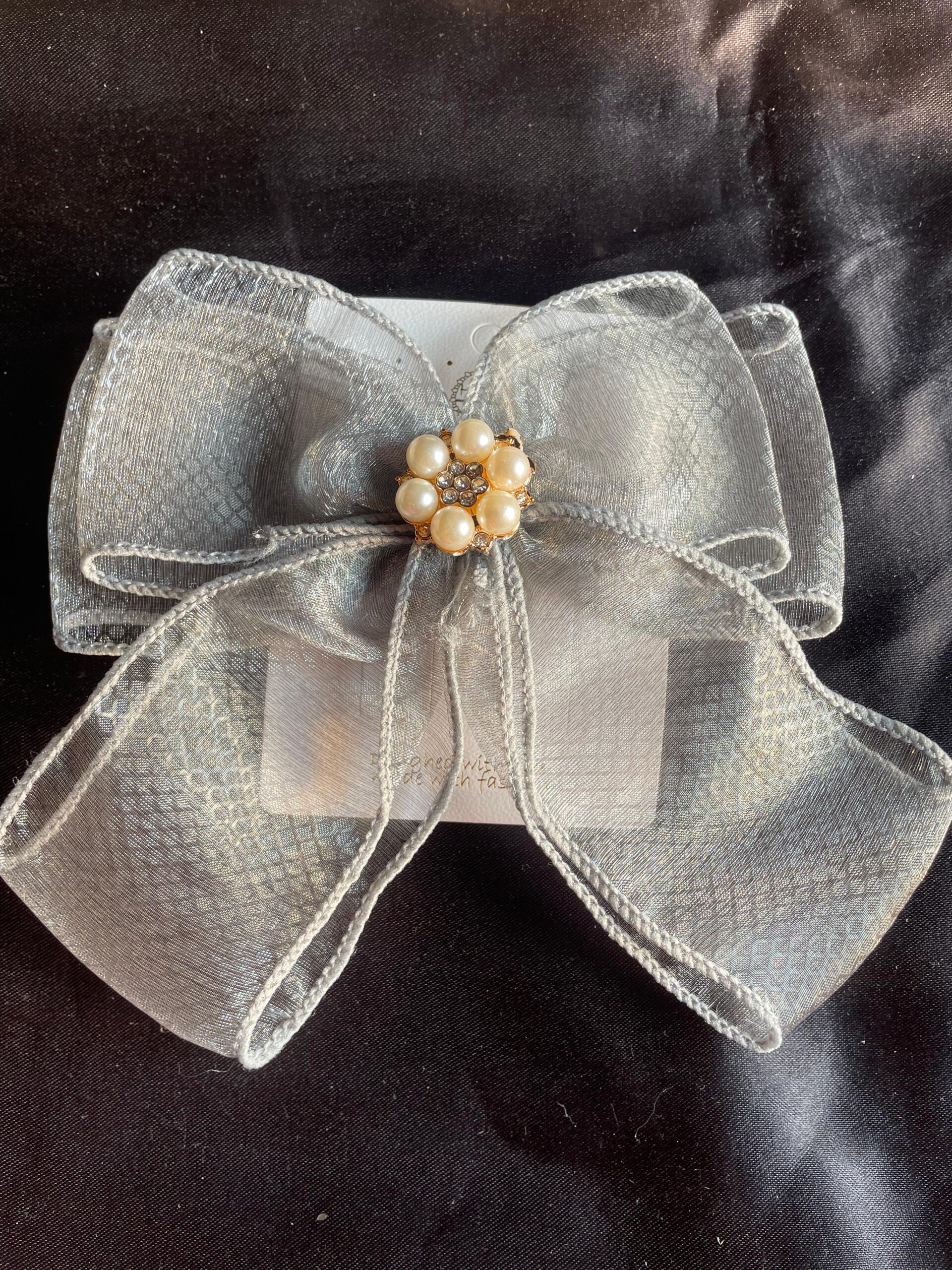 Grey Pearl Net Hair Bow Clip