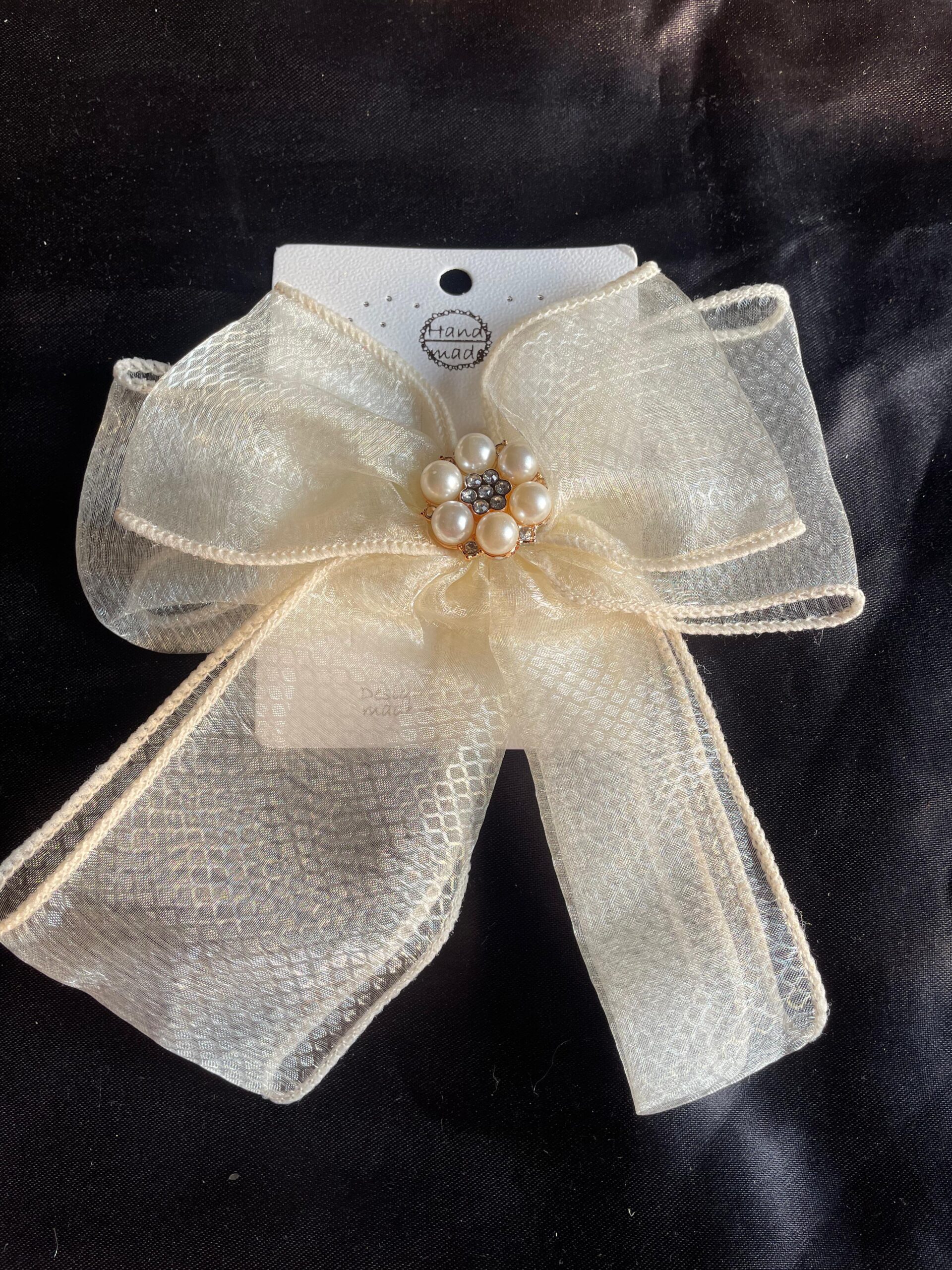 Off White Pearl Net Hair Bow Clip