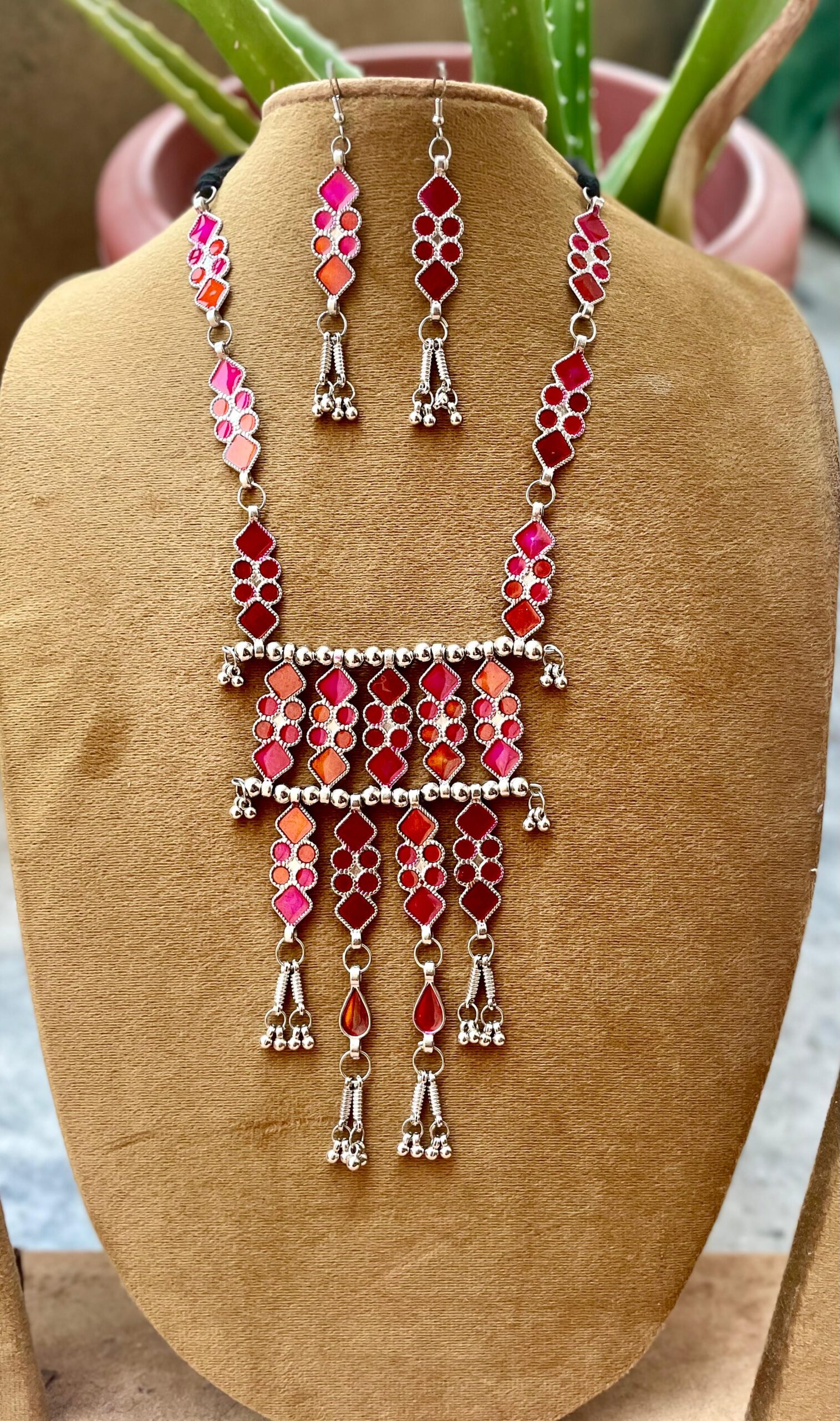 Rani pink or orange Oxidized Long Necklace Set
