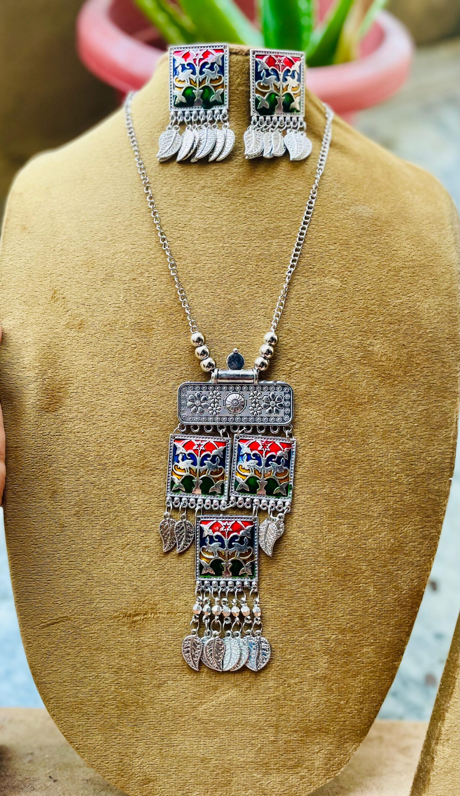 Multicolored Oxidized Long Necklace Set