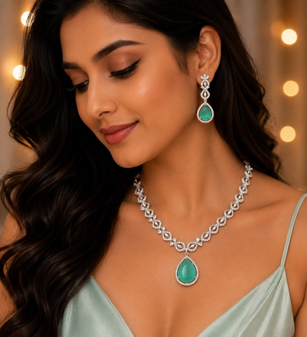 American Diamond Sea Green Necklace Set