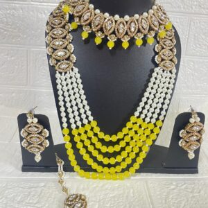 Yellow Crystal Long Pearl Necklace Set