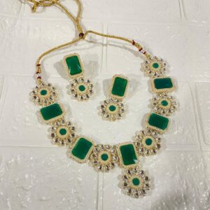 Green Kundan Flower Necklace Set with Earrings