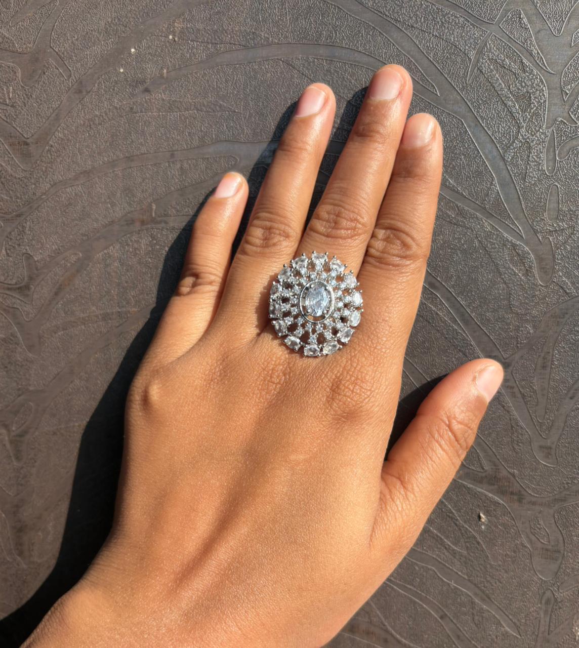 Silver Flower American Diamond adjustable Ring